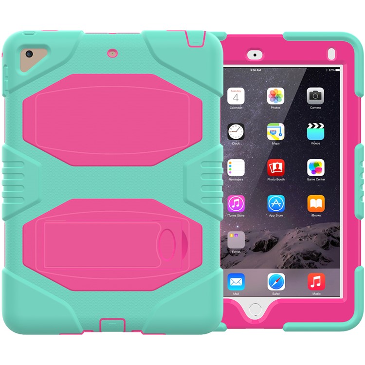 Kickstand PC + Silicone Hybrid Case Armor Defender for iPad 9.7-inch (2017) - Green + Rose-2