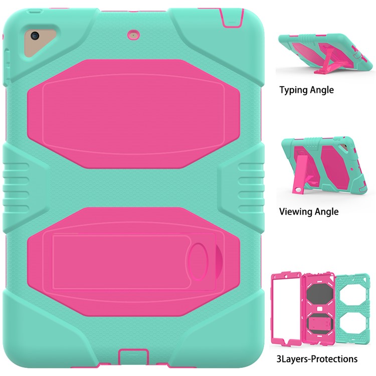Kickstand PC + Silicone Hybrid Case Armor Defender for iPad 9.7-inch (2017) - Green + Rose-3