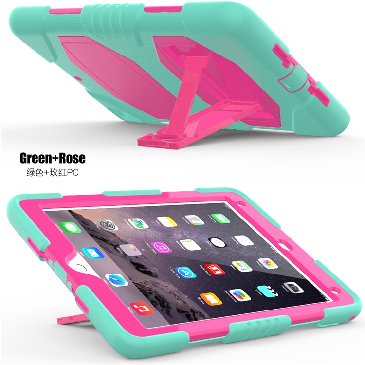 Kickstand PC + Silicone Hybrid Case Armor Defender for iPad 9.7-inch (2017) - Green + Rose-4