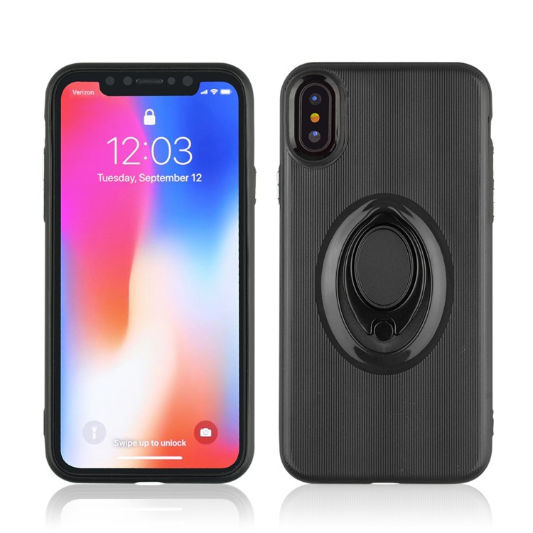 ANGIBABE Vertical Stripe Texture TPU PC Hybrid Case with Ring Holder Kickstand for iPhone X / 10 5.8 inch - Black-3