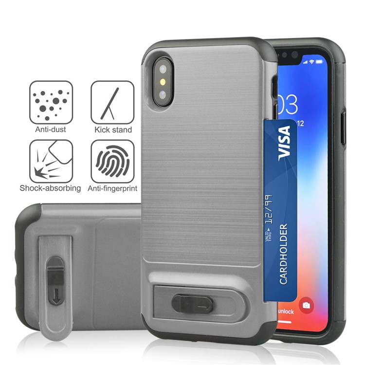 

ANGIBABE for iPhone X/10 Brushed PC + TPU Hybrid Card Slot Mobile Case with Kickstand - Light Grey