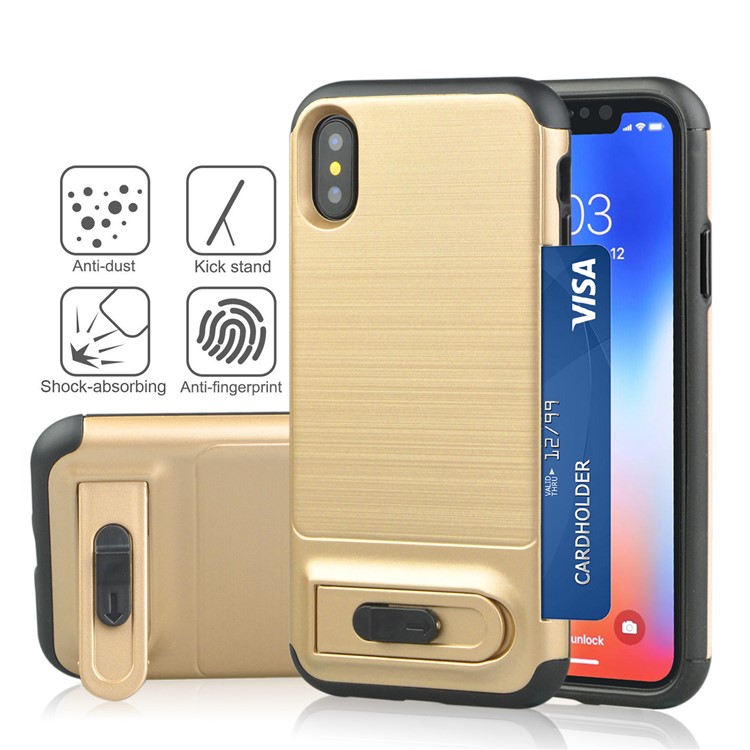 

ANGIBABE Brushed PC + TPU Hybrid Kickstand Mobile Casing with Card Slot for iPhone X/10 - Gold