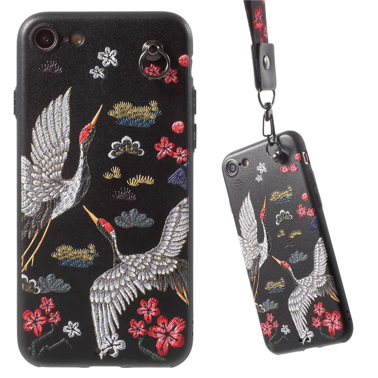 

Embossment TPU Protective Case + Ring Holder + Wrist/Neck Straps Set for iPhone 8/7 4.7 inch - Cranes