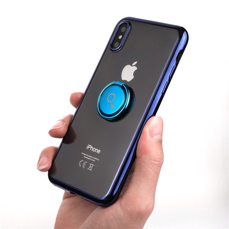 

CAFELE Finger Ring Kickstand Electroplated TPU Phone Cover for iPhone XS / X 5.8 inch - Blue