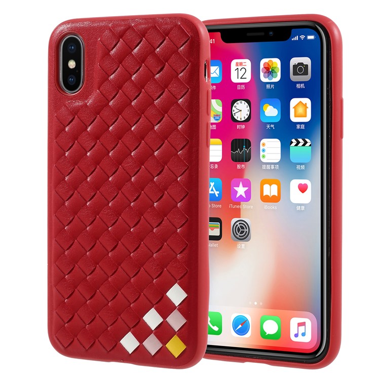 MUTURAL Woven Pattern Leather Coated PC + TPU Edge Hybrid Case for iPhone X - Red-1