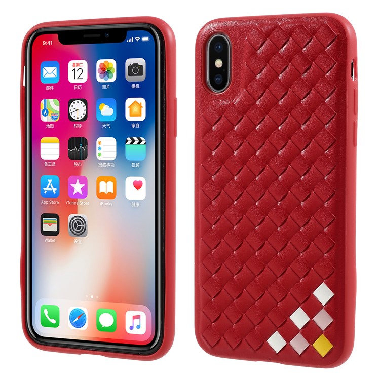MUTURAL Woven Pattern Leather Coated PC + TPU Edge Hybrid Case for iPhone X - Red-2