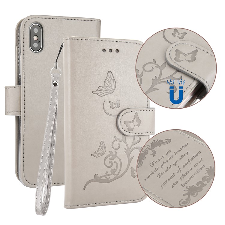 Imprint Plant and Butterfly Pattern Stand Leather Wallet Case for iPhone X/10 - Grey-1