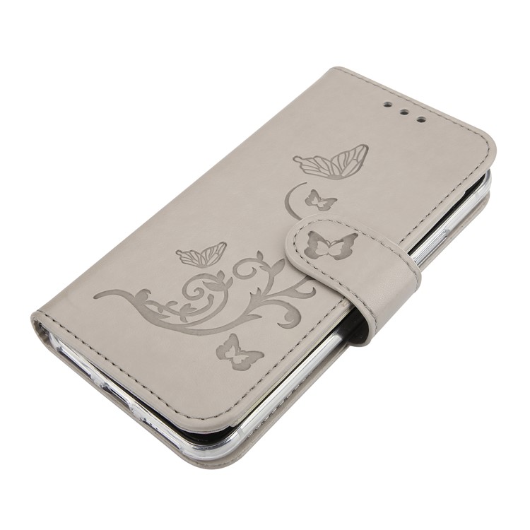 Imprint Plant and Butterfly Pattern Stand Leather Wallet Case for iPhone X/10 - Grey-4