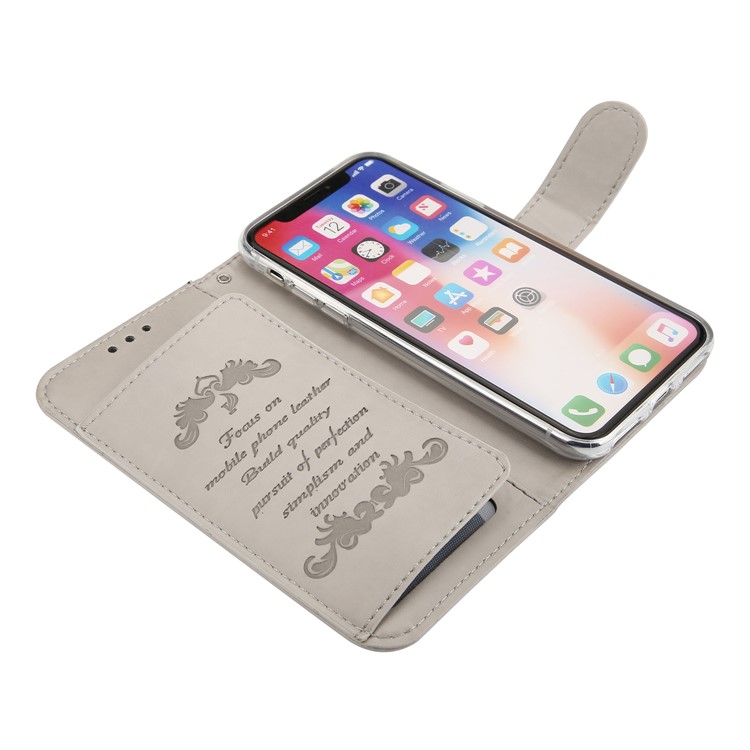 Imprint Plant and Butterfly Pattern Stand Leather Wallet Case for iPhone X/10 - Grey-5