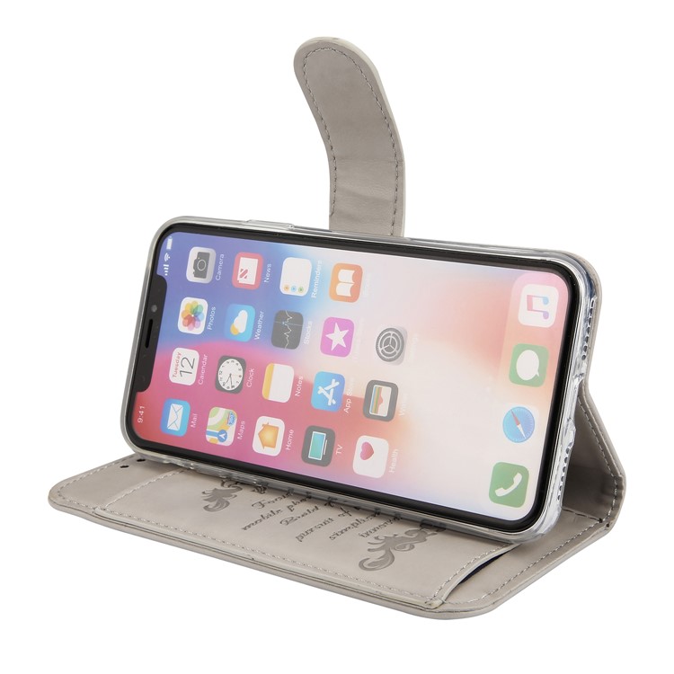 Imprint Plant and Butterfly Pattern Stand Leather Wallet Case for iPhone X/10 - Grey-6
