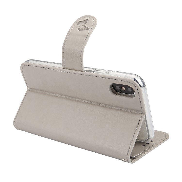 Imprint Plant and Butterfly Pattern Stand Leather Wallet Case for iPhone X/10 - Grey-7