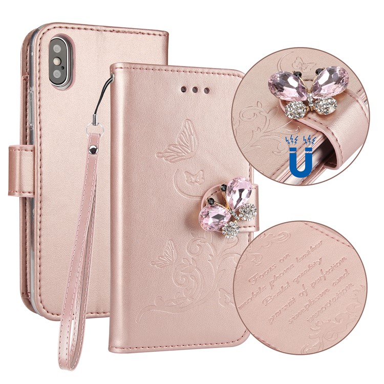 

Diamante Imprint Butterfly Flower Wallet Stand Leather Cover for iPhone X - Rose Gold
