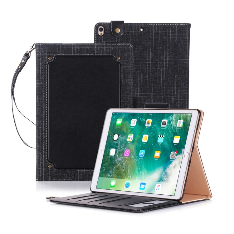 Splicing Cloth Texture PU Leather Wallet Stand Case with Strap for iPad Pro 10.5 (2017) - Black-1