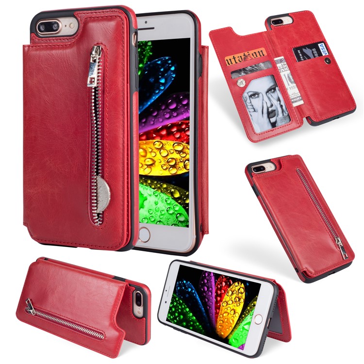 

Multi-functional Zipper Kickstand Leather Coated TPU Protection Cover for iPhone 8 Plus / 7 Plus - Red