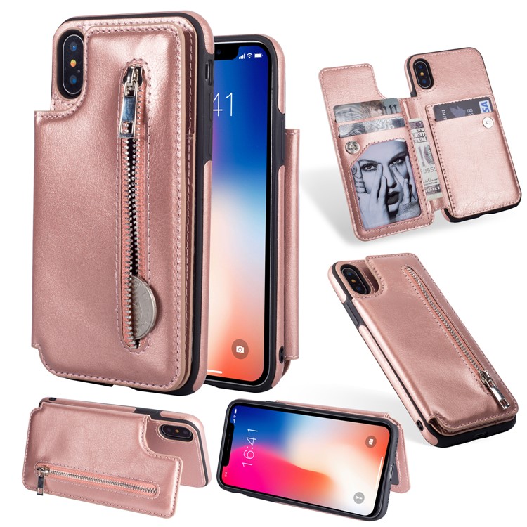 

Multi-functional Zipper Wallet Kickstand Leather Coated TPU Phone Case for iPhone X/Ten - Rose Gold