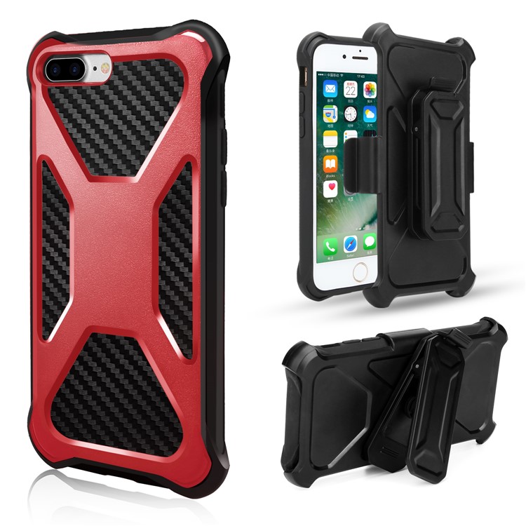 

Carbon Fiber Texture Rugged Kickstand PC TPU Holster Phone Case for iPhone 8 Plus/7 Plus - Red