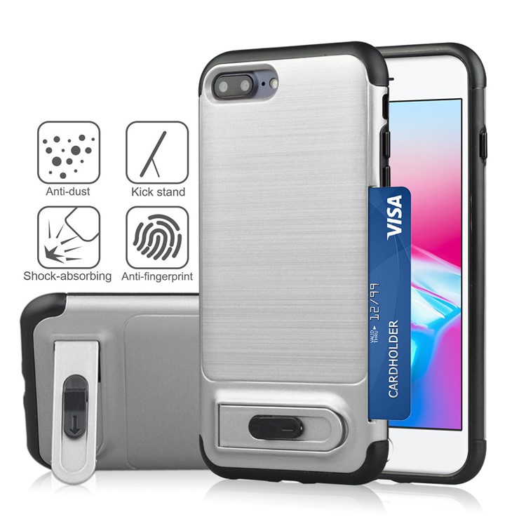 

ANGIBABE Card Holder Brushed PC + TPU Hybrid Kickstand Cover for iPhone 8 Plus / 7 Plus - Silver