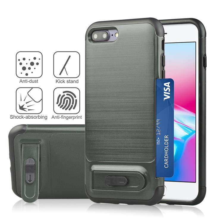 

ANGIBABE Card Holder Brushed PC + TPU Hybrid Kickstand Shell for iPhone 8 Plus / 7 Plus - Dark Grey