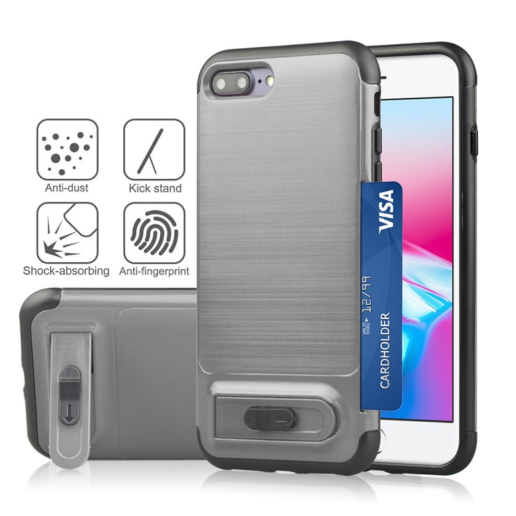

ANGIBABE Card Holder Brushed PC + TPU Hybrid Kickstand Casing for iPhone 8 Plus / 7 Plus - Light Grey