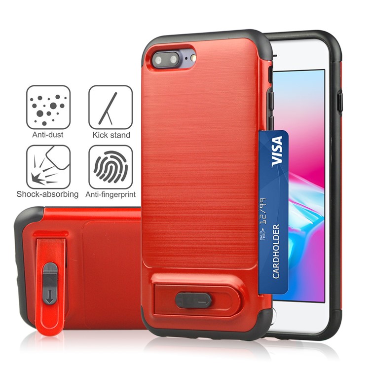 

ANGIBABE Card Holder Brushed PC + TPU Combo Kickstand Case for iPhone 8 Plus / 7 Plus - Red