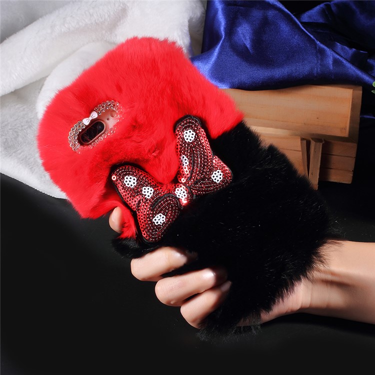 

Bowknot Decor Contrasting Color Soft Fur Coated TPU Shell for iPhone 8 Plus / 7 Plus - Red + Black