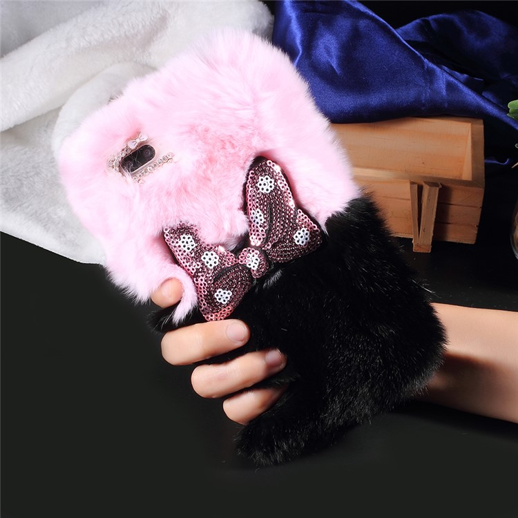 

Bowknot Decor Contrasting Color Soft Fur Coated TPU Phone Case Cover for iPhone 8 Plus / 7 Plus - Pink + Black