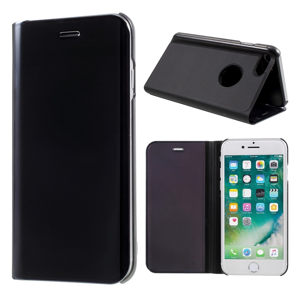 For iPhone 8/7 Plated Mirror Surface View Leather Cover with Stand - Black-1