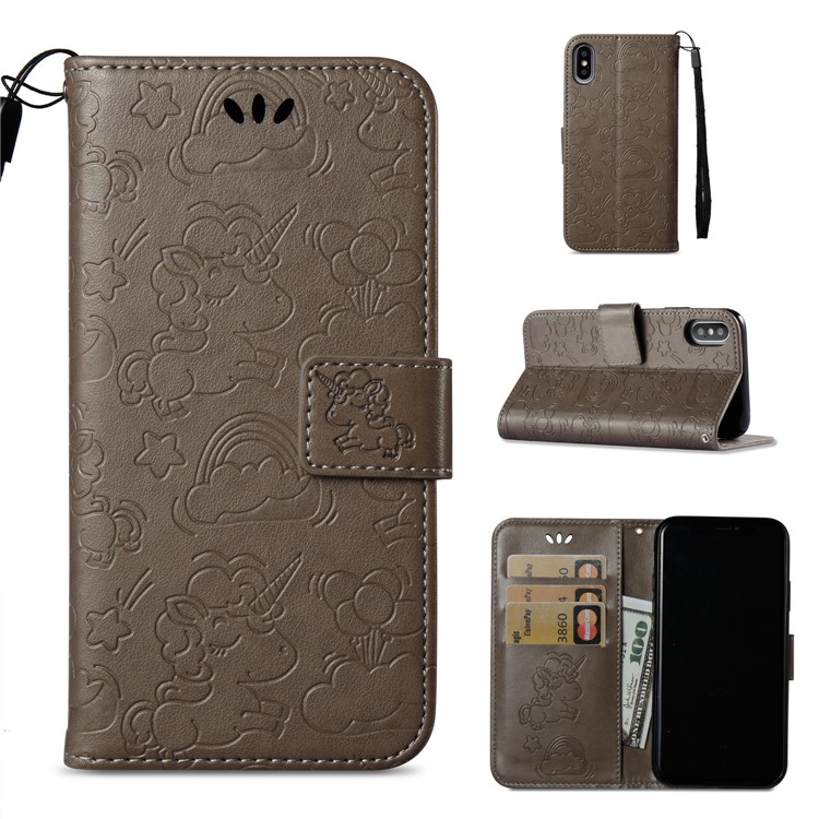 

Imprinted Unicorn Pattern Leather Wallet Cover for iPhone X - Grey