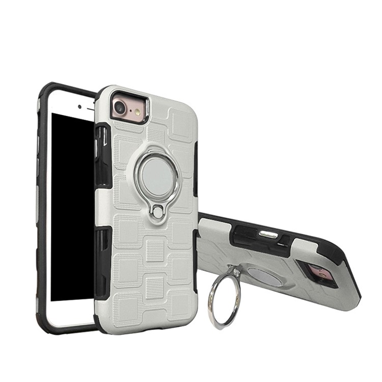

Cool Grid Design PC TPU Hybrid Metal Ring Kickstand Shell for iPhone 8 / 7 / 6s / 6 - White