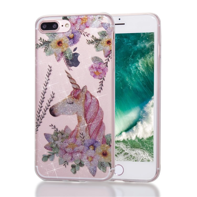 

Glitter Powder IMD TPU Protector Cover Case for iPhone 8 Plus / 7 Plus 5.5 inch - Unicorn and Flower Pattern
