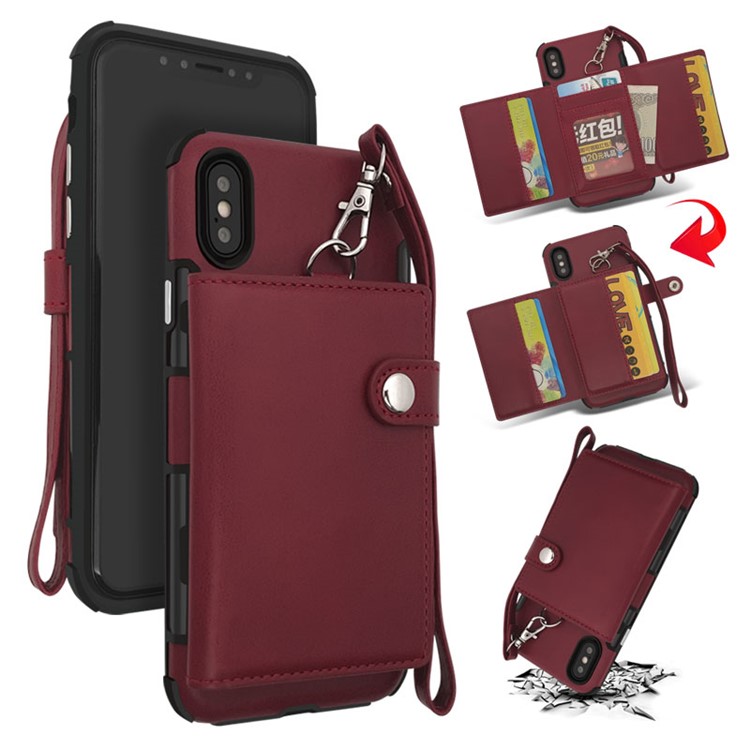 

Multifunctional PU Leather Coated TPU Card Holder Mobile Phone Case for iPhone XS / X 5.8 inch - Wine Red