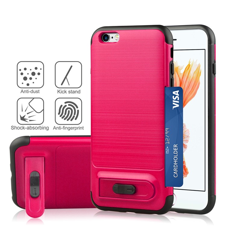 

ANGIBABE Brushed Card Holder Kickstand TPU+PC Hybrid Mobile Cover for iPhone 6s / 6 - Rose