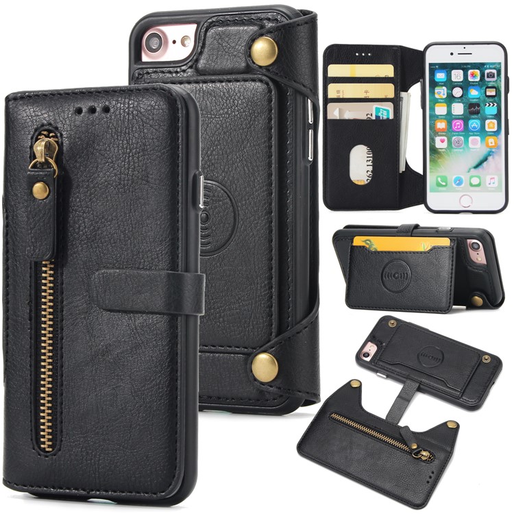 2-in-1 Zipper Pocket Leather Wallet Case + Detachable TPU Cover for iPhone 8/7 4.7 - Black-1