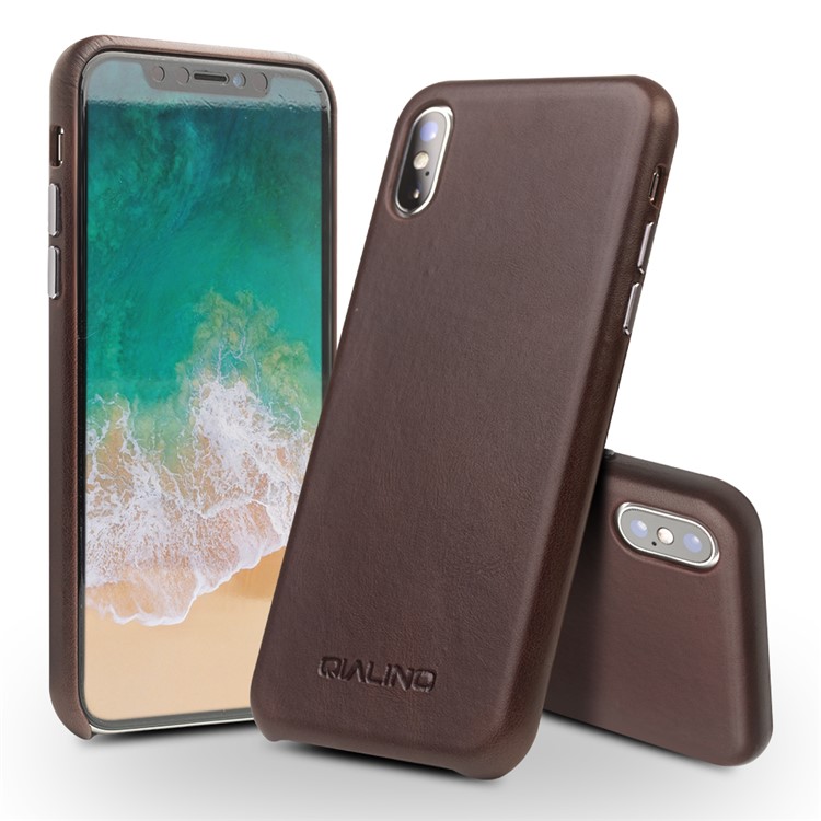 QIALINO Couro Genuíno Capa Protetora De Capa Móvel Para Iphone X / 10 - Café-1