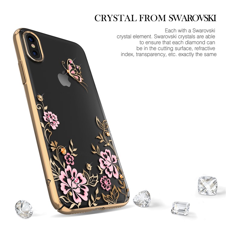 KAVARO Authorized Swarovski Diamond Flowers Butterflies Plated PC Shell for iPhone X - Gold-2