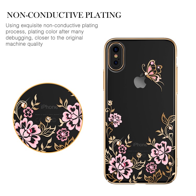 KAVARO Authorized Swarovski Diamond Flowers Butterflies Plated PC Shell for iPhone X - Gold-3