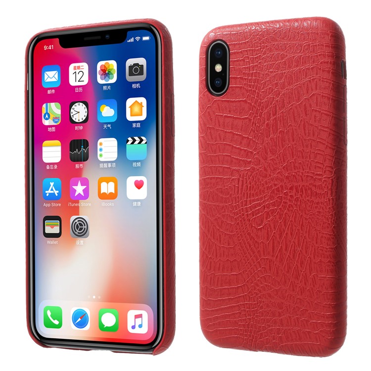 Leather Coated Crocodile Texture PC Mobile Cover for iPhone X/10 - Red-1