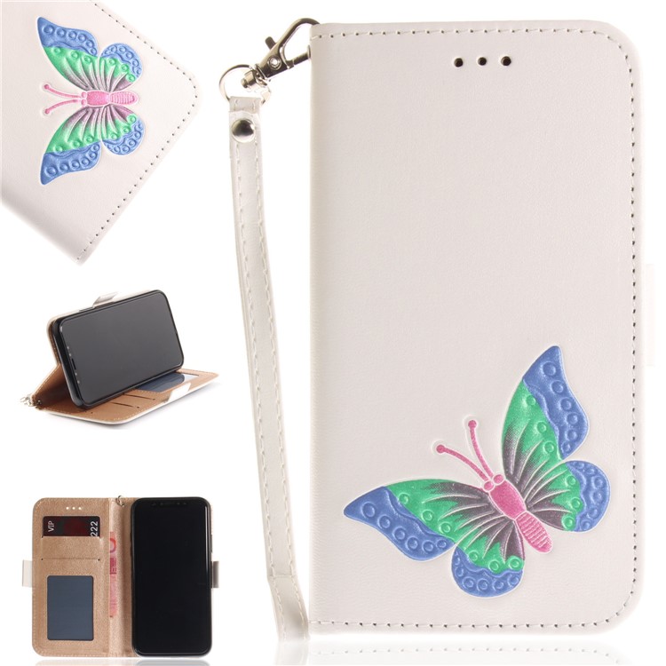 Hand Painted Imprint Butterfly Leather Wallet Cell Phone Casing Cover for iPhone X - White-1