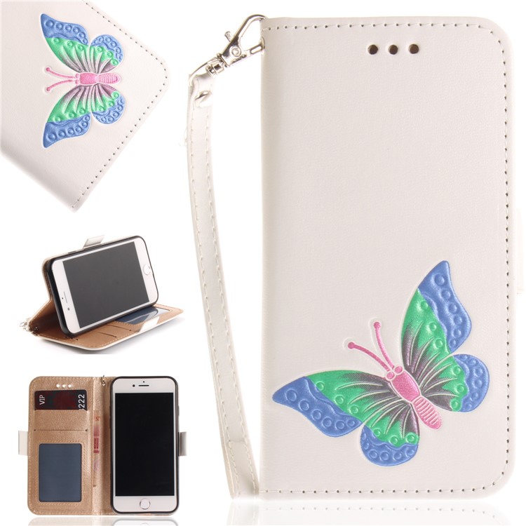 Hand Painted Imprint Butterfly Leather Wallet Phone Casing Cover for iPhone 8 / 7 4.7 inch - White-1