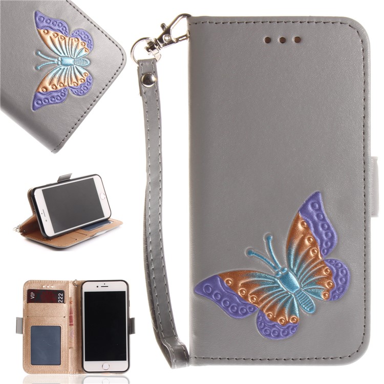 

Hand Painted Imprint Butterfly Leather Wallet Phone Casing for iPhone 8 / 7 4.7 inch - Grey