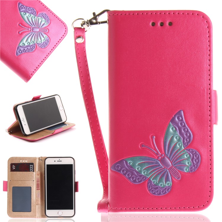 

Hand Painted Imprint Butterfly Leather Wallet Phone Cover for iPhone 8 / 7 4.7 inch - Rose