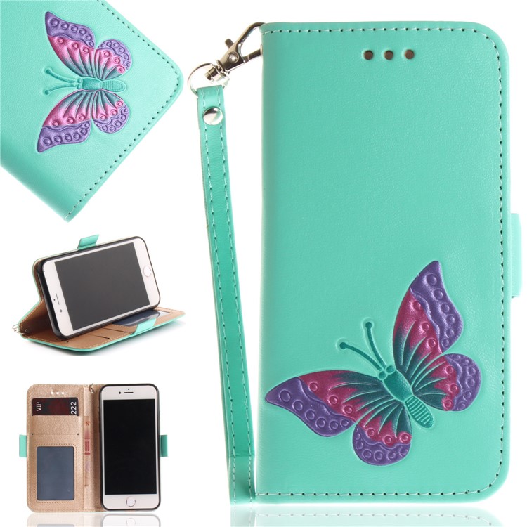 

Hand Painted Imprint Butterfly Leather Wallet Phone Case Cover for iPhone 8 / 7 4.7 inch - Cyan