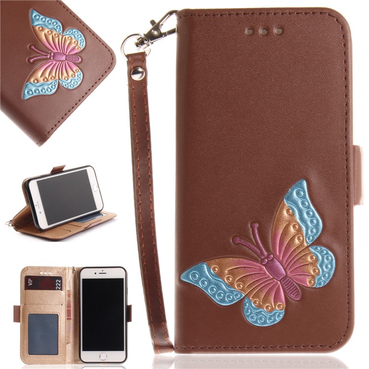 

Hand Painted Imprint Butterfly Leather Wallet Phone Accessory Casing for iPhone 8 / 7 4.7 inch - Brown