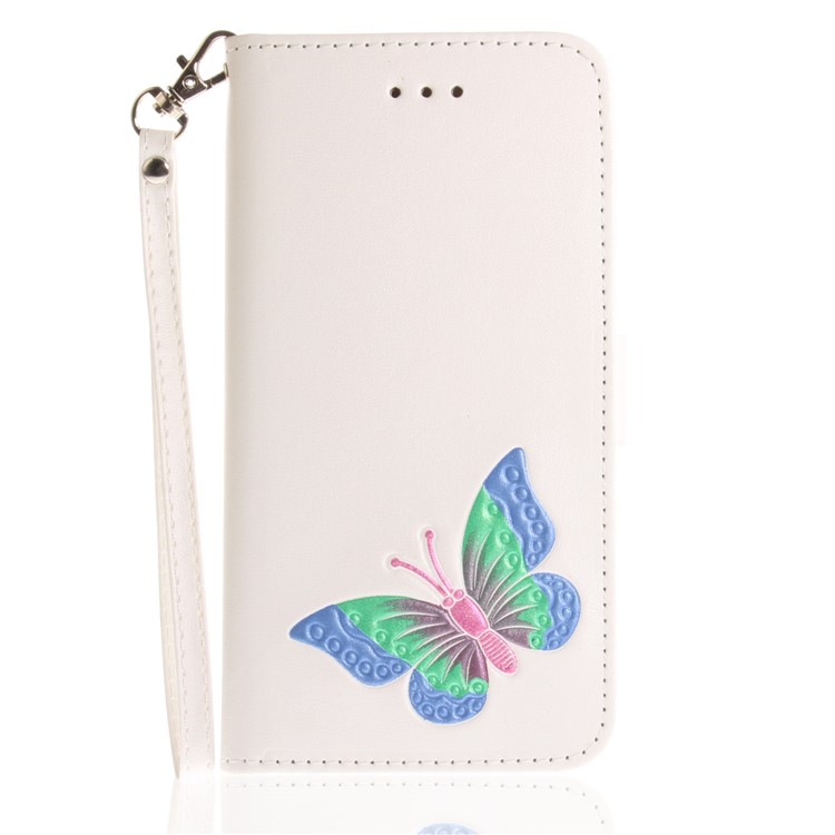 Hand-painted Butterfly Pattern Leather Wallet Case with Strap for iPhone 8 Plus / 7 Plus - White-2