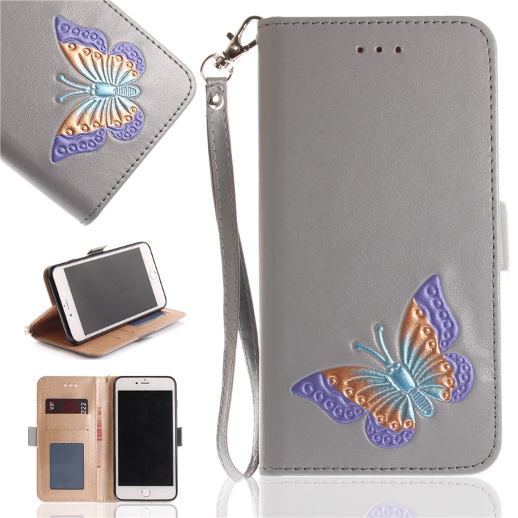 

Hand-painted Butterfly Pattern Leather Wallet Cover with Strap for iPhone 8 Plus / 7 Plus - Grey