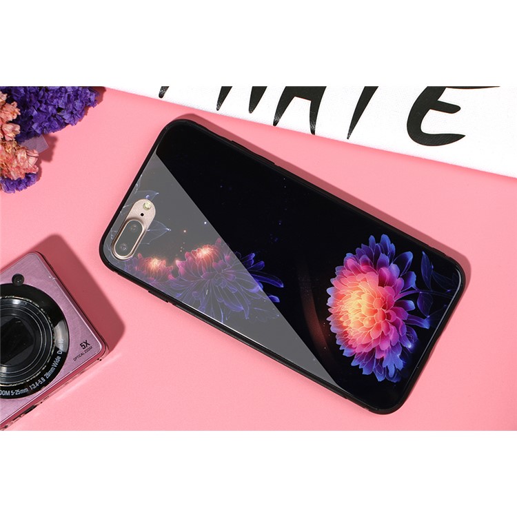 9H Tempered Glass Back + Soft TPU Edges Mobile Phone Cover for iPhone 8 Plus / 7 Plus - Gradient Flower-2