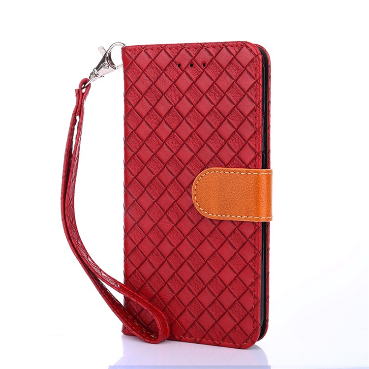 Woven Texture Wallet Magnetic Stand Leather Cell Phone Case with Strap for iPhone X - Red-1