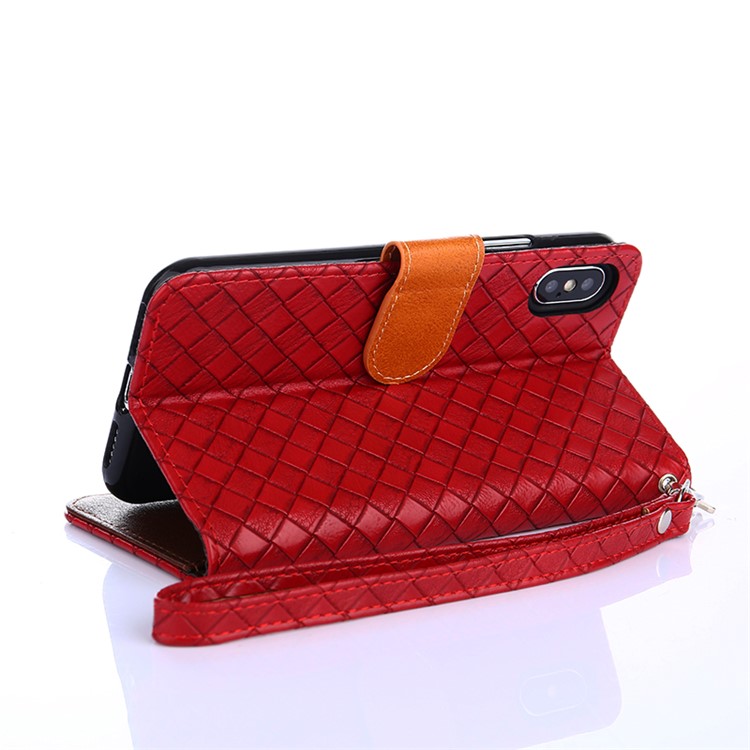 Woven Texture Wallet Magnetic Stand Leather Cell Phone Case with Strap for iPhone X - Red-2