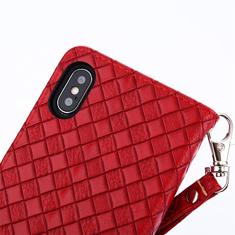 Woven Texture Wallet Magnetic Stand Leather Cell Phone Case with Strap for iPhone X - Red-6