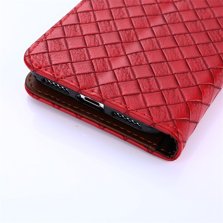 Woven Texture Wallet Magnetic Stand Leather Cell Phone Case with Strap for iPhone X - Red-9